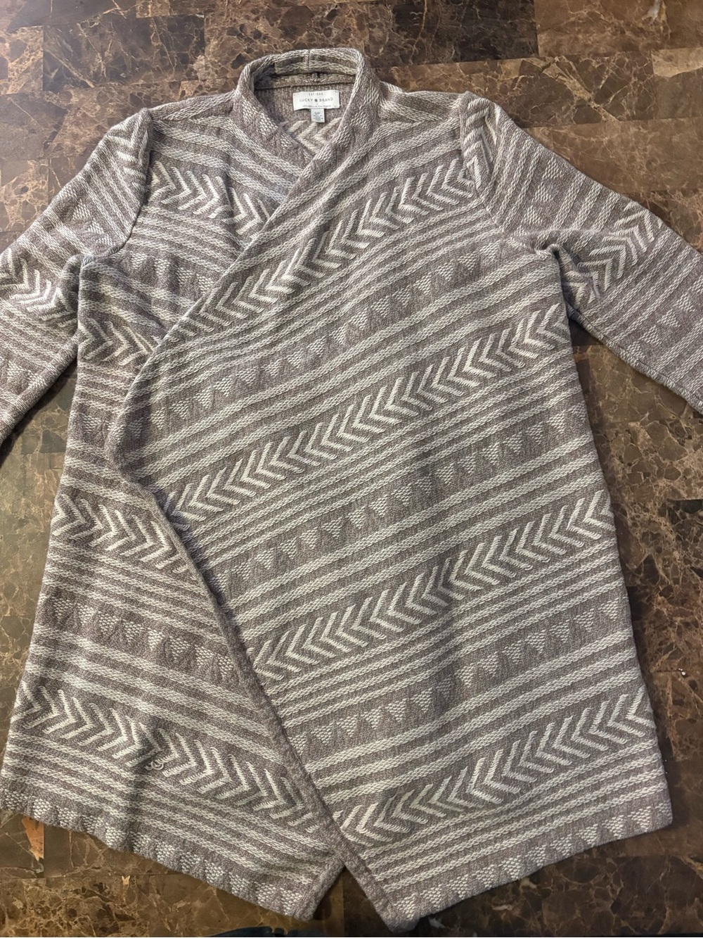 Lucky Brand Taupe and Cream Chevron Wrap Cardigan